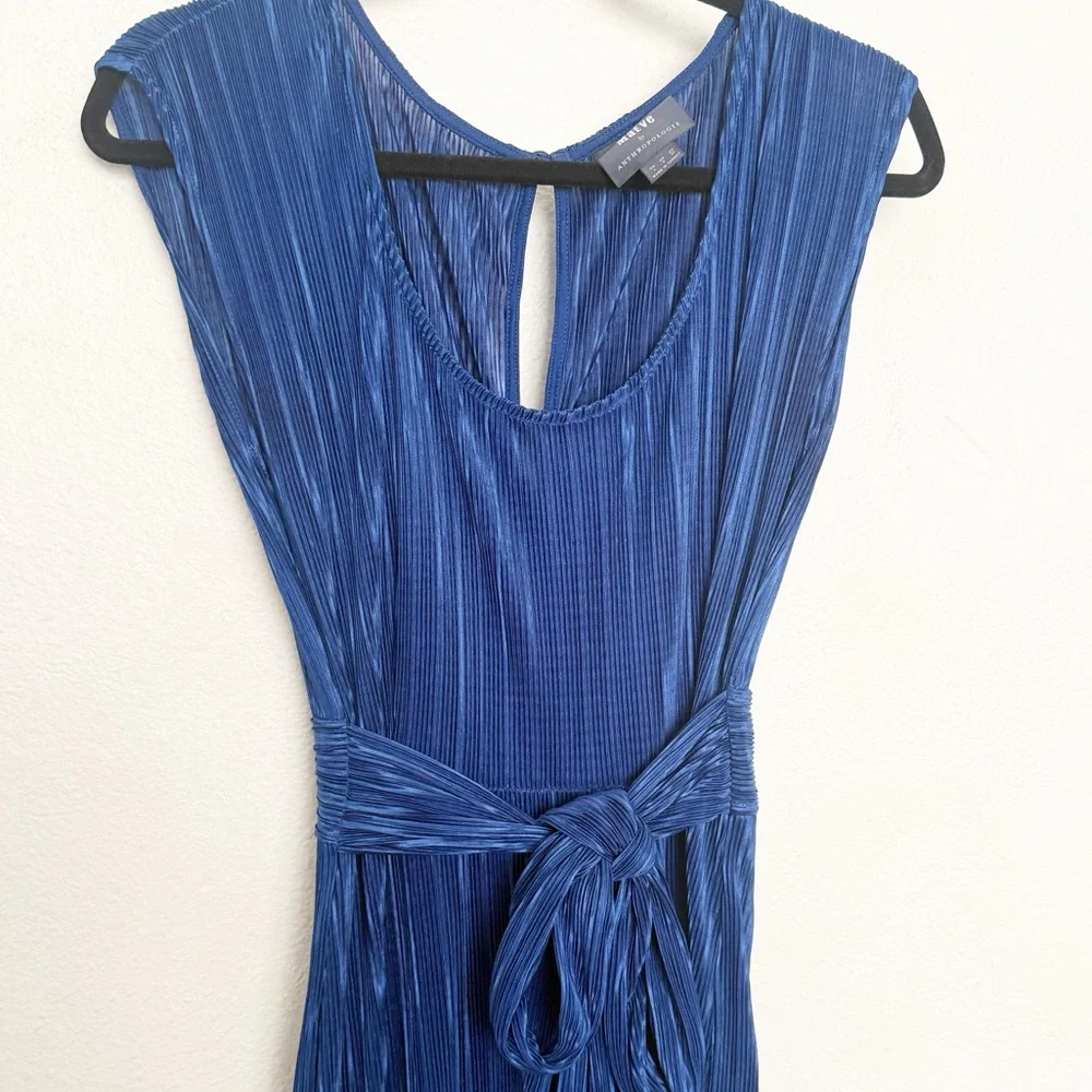 Maeve Sonata Belted Plisse Pleated Belt Tie Wide Leg Blue Jumpsuit